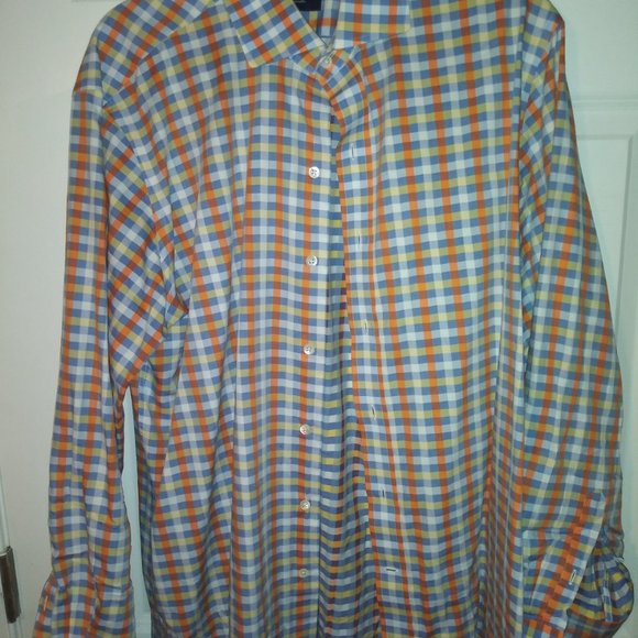 Ledbury:Men's Orange, Yellow & Blue Gingham. Barrel cuffs, Neck: 17.5 Sleeve: 37 - Picture 2 of 6